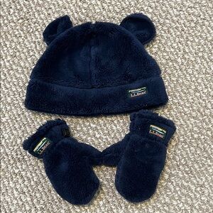 L.L. Bean Fleece Bear Ears Hat and Mittens Set - Navy Blue 12-24M